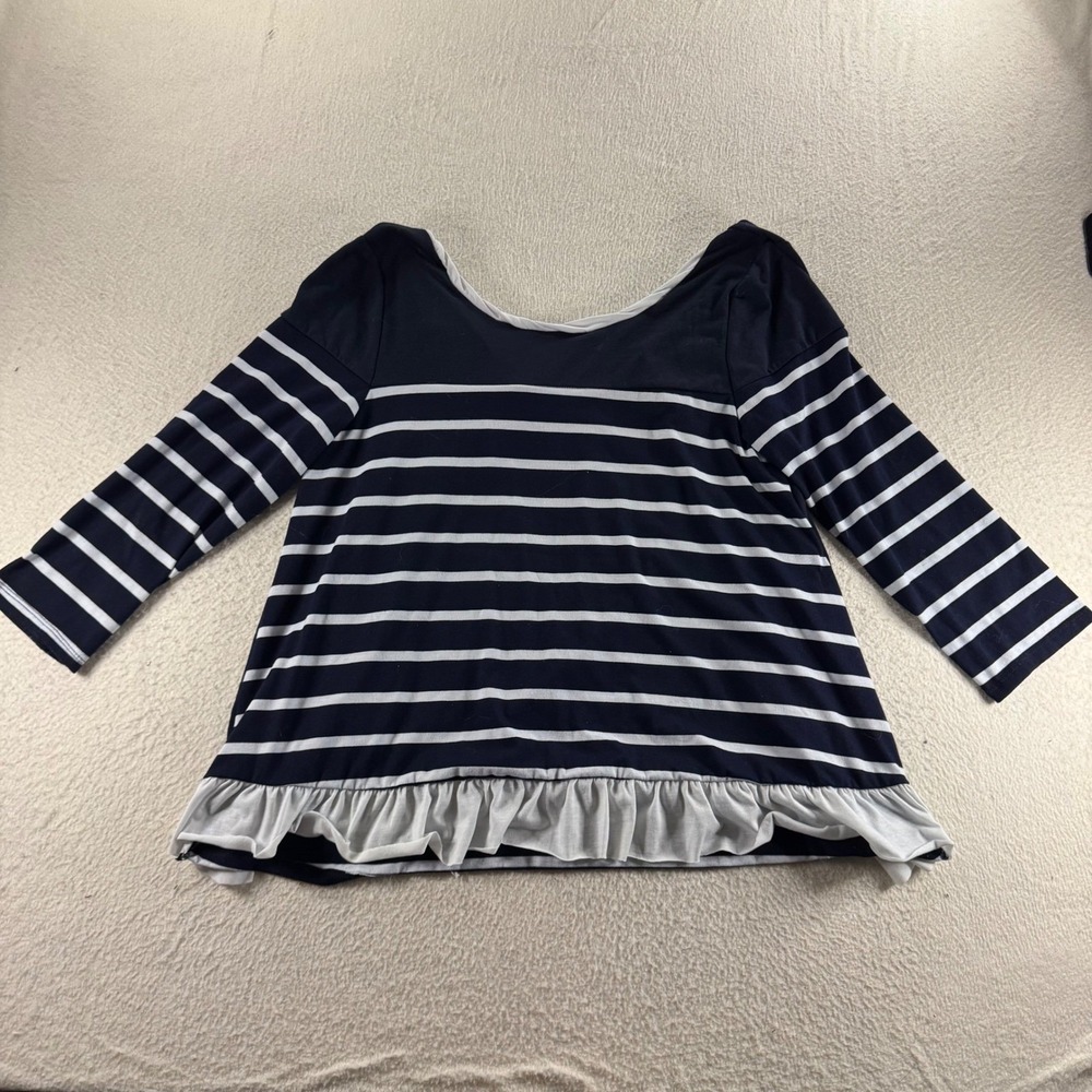 Umgee Striped Tunic Top Women Medium Navy Blue Excellent Ruffle Back G1383